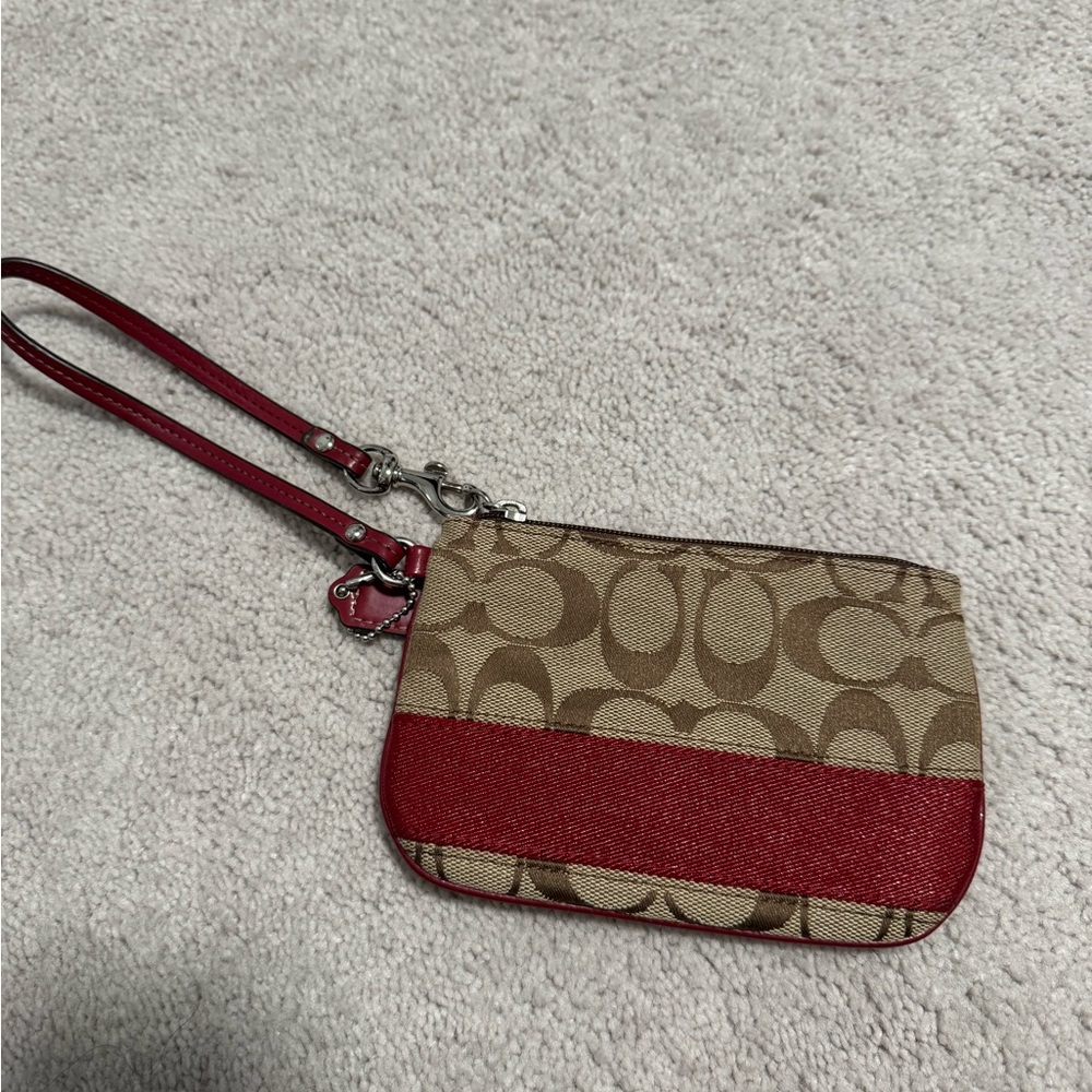 Coach Tan Signature Canvas Wristlet with Red Trim
